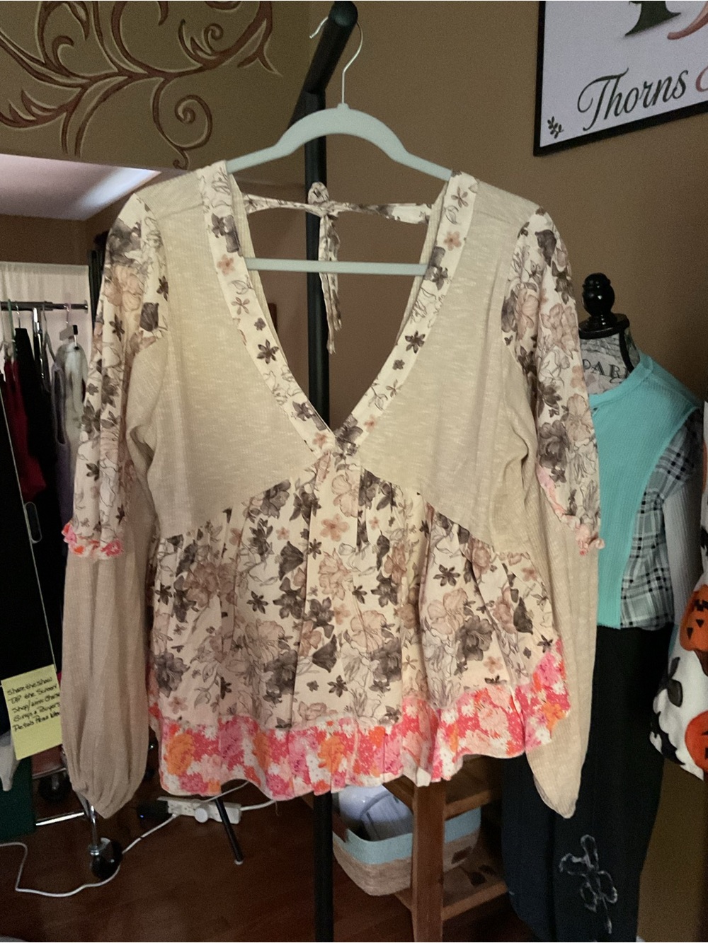 POL Floral Cream Peasant Blouse with Pink-Orange Trim